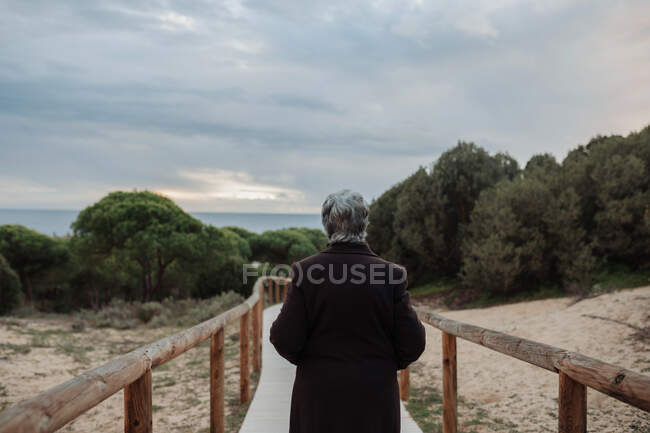 Back view of anonymous elderly female traveler in casual clothes standing on wooden pier on sandy beach and enjoying seascape at sunset — Fotografia de Stock