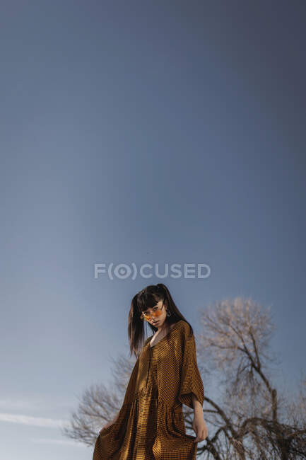 Niedriger Winkel einer selbstbewussten jungen ethnischen Frau in modischem Kleid und Sonnenbrille, die in die Kamera auf die Natur blickt — Stockfoto