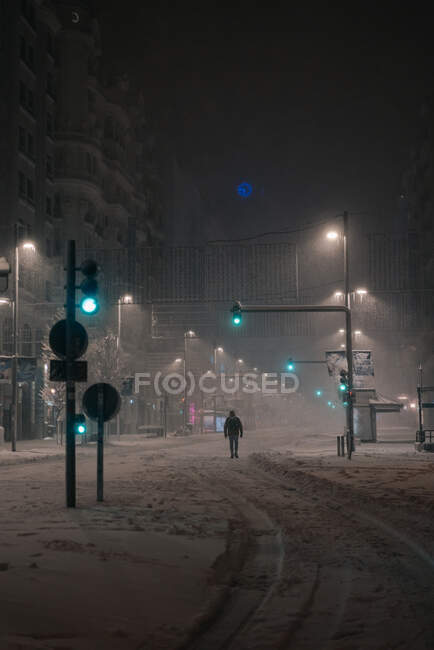 Back view of anonymous man in outerwear walking on roadway in snowy winter in Madrid Spain — Stock Photo