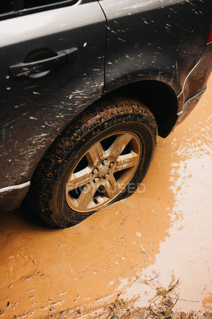 Обрезанный автомобиль едет по грязной дороге во время дорожной поездки — стоковое фото