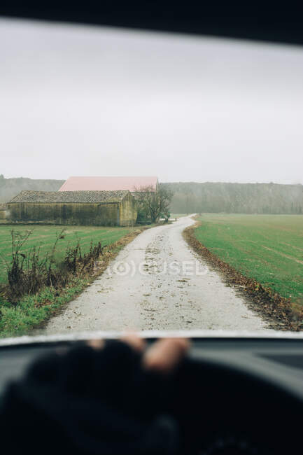 Crop anonymous male tourist driving car along empty rural road towards green forest during road trip — Stock Photo