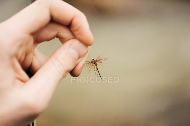 Crop anonymous fisherman with small sharp fishing hook for catching fish on blurred background — Stock Photo