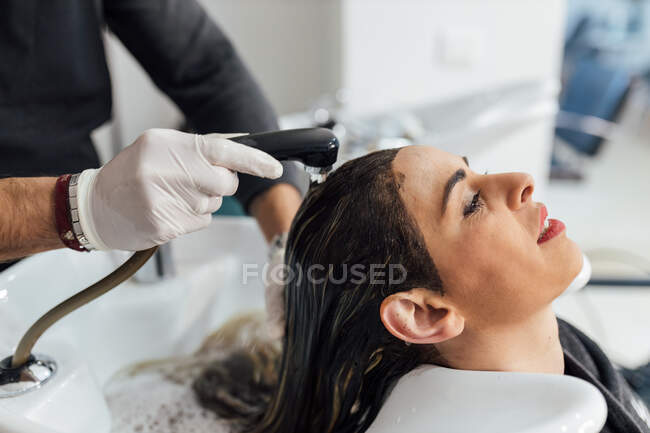 Peluquería masculina de cultivo en delantal lavado de cabello de cliente femenino en el fregadero después de cortar y teñir en el salón de belleza moderno - foto de stock