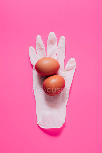 From above of similar chicken eggs on white latex glove representing organic product concept — Stock Photo