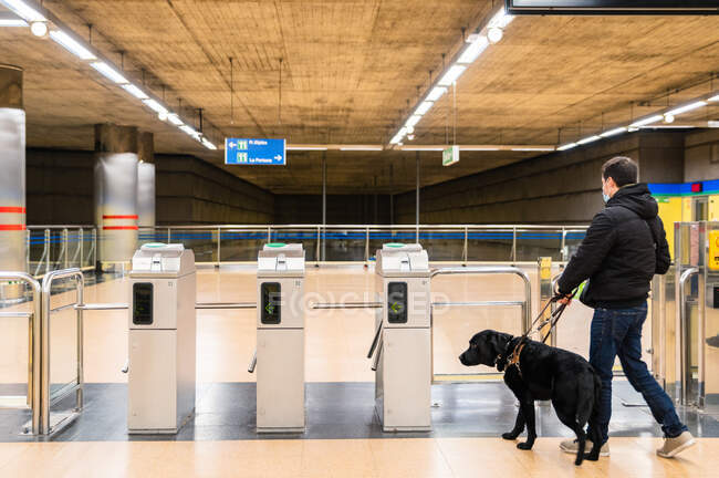Visão traseira macho em máscara médica andando através de leitor automático de cartões com cão no metrô — Fotografia de Stock