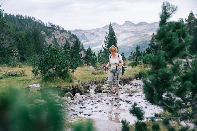 Mujer adulta de cuerpo entero con ropa casual practicando senderismo nórdico con postes a lo largo de un arroyo poco profundo en el valle montañoso de Ruda en España - foto de stock