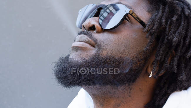 Primer plano de la cosecha joven contemplativo barbudo afroamericano masculino en gafas de sol de moda y pendientes con rastas mirando hacia arriba en la ciudad - foto de stock