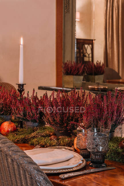 Intérieur de la salle à manger avec table en bois avec couverts et assiettes décorées de fleurs pour le dîner — Photo de stock