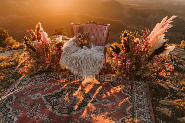 Рожеве крісло з квітами на пухнастій плед поміщають на старовинний килим з декоративним пір'ям на вершині пагорба в природі під час весільного торжества — стокове фото
