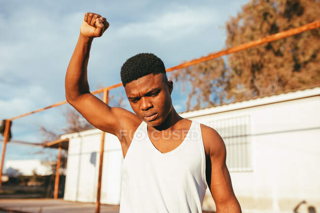 Manifestante masculino étnico masculino masculino con camiseta de pie con el brazo levantado en el campo - foto de stock