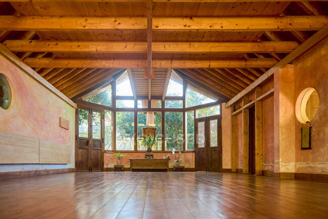 Interior do espaçoso salão de meditação em casa com vasos de plantas e parquet durante o dia — Fotografia de Stock