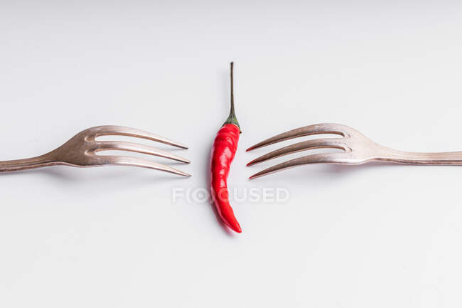 From above of arranged red hot chili peppers with forks on white background — Stock Photo