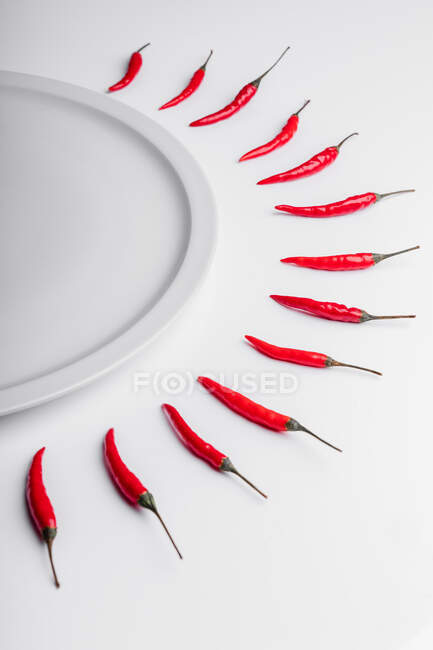 Composição de alto ângulo de pimentas vermelhas quentes dispostas em torno da placa contra fundo branco — Fotografia de Stock