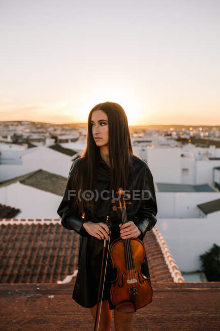 Молода красива жінка-музикантка в стильній міні-сукні, що тримає акустичну скрипку і стоїть на даху в житловому передмісті і дивиться в очі на сонячний вечір — стокове фото