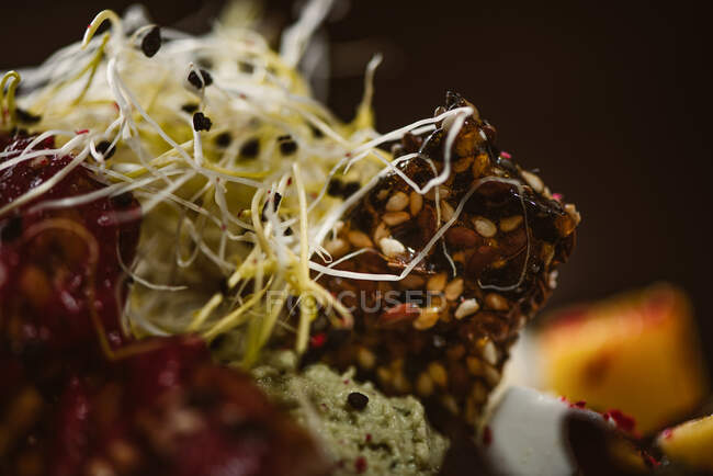 Close-up vista de prato com saborosa salada vegetariana indonésia com manga fresca e fatias de queijo de caju perto de soja e condimentos cobertos com vinagrete de manjericão — Fotografia de Stock