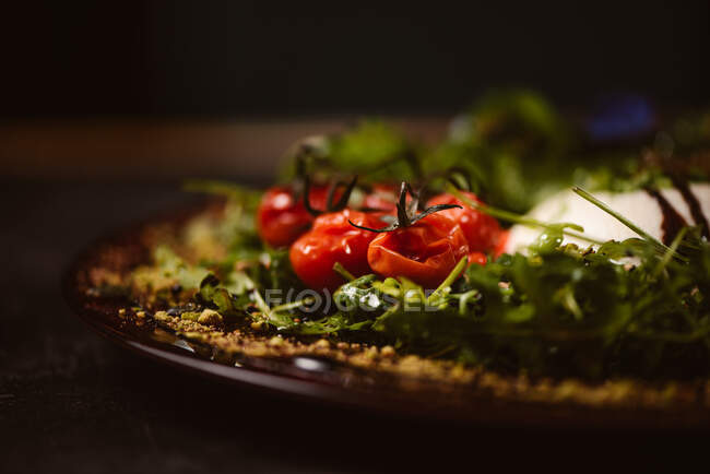 Close up view of yummy burrata cheese on cold tomato cream with arugula leaves and cherry tomatoes with truffles and peanuts — Stock Photo
