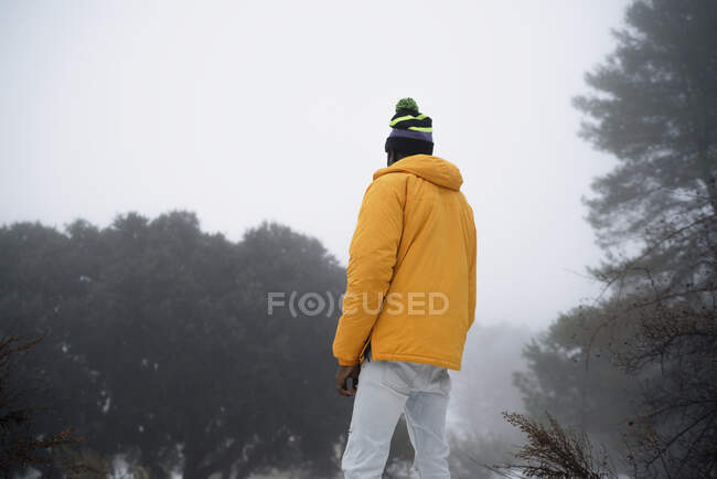 Back view of unrecognizable African American man with hands and pockets wearing outerwear standing in snowy park — Stock Photo