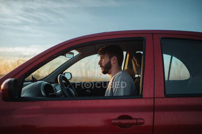 Bearded young male driver in white shirt sitting in car parked on roadside in countryside — Foto stock