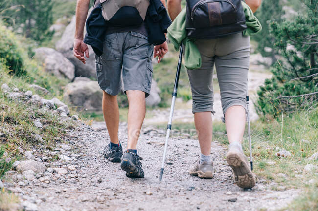 Abgeschnittene Rückansicht anonymer Backpacker, die während ihrer Sommerreise am Berg spazieren gehen — Stockfoto