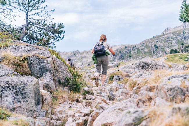 Vue arrière des randonneurs anonymes marchant sur la montagne pendant le voyage d'été — Photo de stock