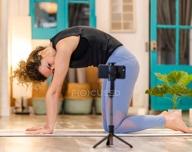 Vista lateral de una joven concentrada en ropa deportiva haciendo pose de gato y mirando la pantalla del smartphone mientras practica yoga en clase online en estudio - foto de stock