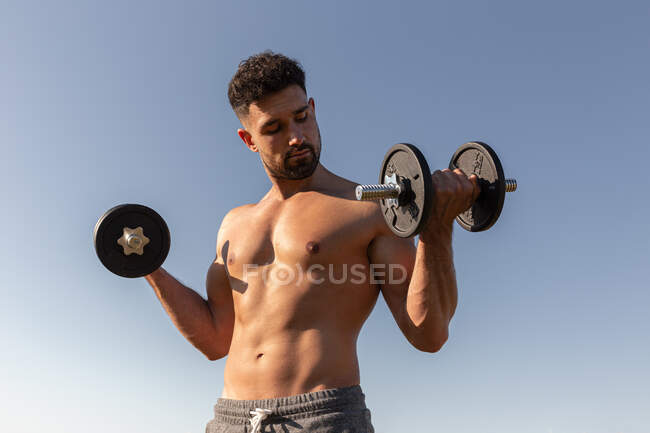 Angle bas du bel athlète masculin avec torse nu faisant des exercices avec des haltères tout en se tenant contre le ciel bleu en été — Photo de stock