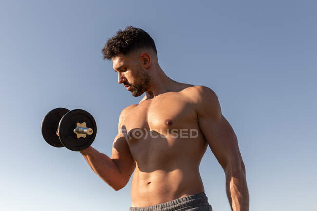 Low angle of handsome male athlete with naked torso doing exercises with dumbbells while standing against blue sky in summer — Stock Photo