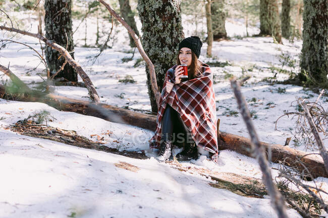 Weibchen in warmes Plaid gehüllt sitzen auf Baumstamm im verschneiten Winterwald und genießen Heißgetränk aus Tasse — Stockfoto