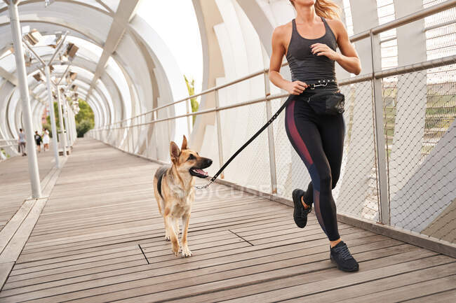 Vue de côté corps complet d'athlète féminine active courant avec le chien berger allemand pendant l'entraînement cardio — Photo de stock