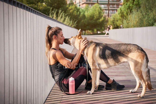 Positive Läuferin sitzt beim aktiven Training auf einem Holzsteg und küsst Schäferhund — Stockfoto