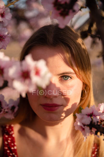 Blond woman with long hair posing under a flowering almond tree and looking at camera — Stock Photo