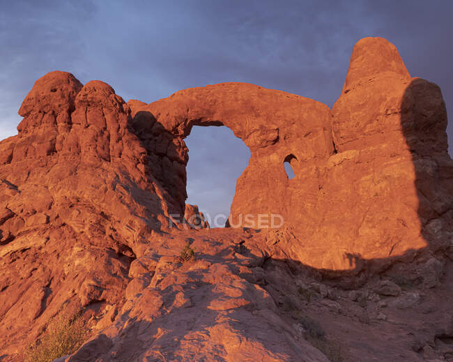 Paesaggio incredibile con formazione ad arco in roccia rossa vicino a vegetazione rara situato nel parco nazionale contro cielo nuvoloso negli Stati Uniti — Foto stock
