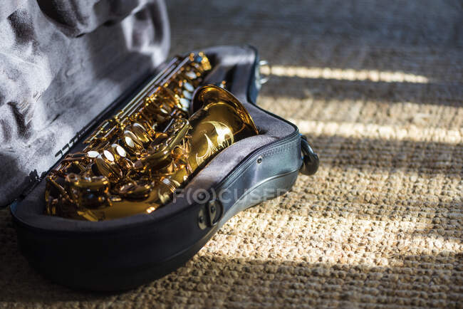 From above of shiny alto saxophone placed in case on floor on sunny day — Stock Photo