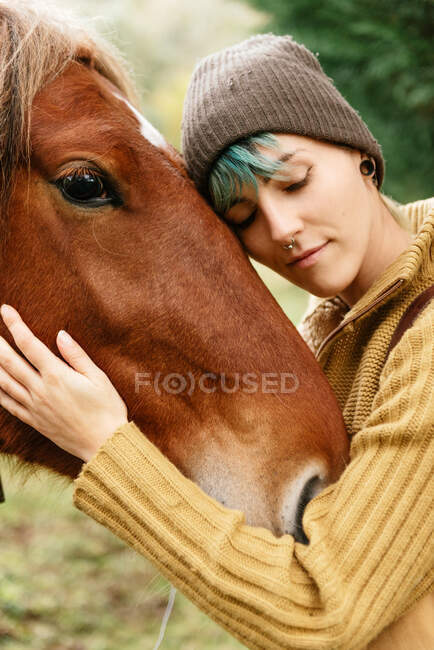 Вид збоку ніжної жінки, що погладжує мордочку каштанового коня, що випасає на лузі, проводячи вихідні в сільській місцевості — стокове фото