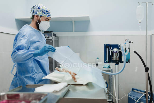 Побочный обзор анонимного ветеринара-мужчины в стерильной форме и маске, покрывающей пациента животными тканью перед операцией в больнице — стоковое фото