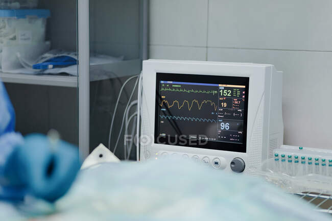 Veterinario anónimo de cultivos en guantes estériles que operan animales cerca del monitor de prueba EKG en el hospital - foto de stock