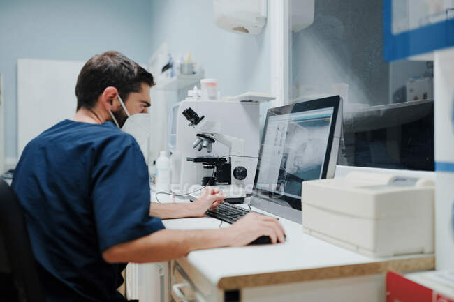 Обратный вид неузнаваемого сфокусированного ветеринара-мужчины в форме, смотрящего рентгеновские снимки на настольном компьютере в лаборатории — стоковое фото