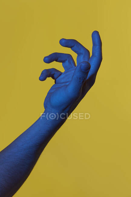 La mano azul del hombre sosteniendo algo invisible sobre el fondo amarillo. Foto vertical aislada - foto de stock