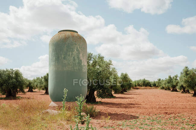 Водяний резервуар посеред оливкового гаю — стокове фото