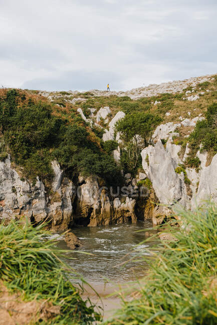 Нерозбірлива людина, що стоїть на вершині схилу гори, перед піщаним берегом нерівної піщаної морської води, вкритої буйною зеленню в ясний літній день в Астурії. — стокове фото