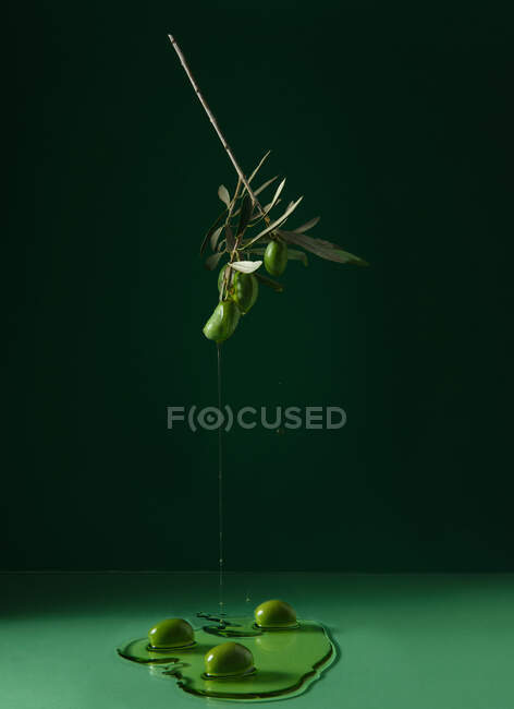 Aceite vertiendo sobre la mesa verde de la rama de olivo sobre fondo oscuro en el estudio - foto de stock
