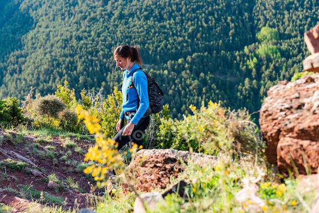 Voyageuse avec sac à dos trekking en terrain rocheux dans les montagnes par une journée ensoleillée et en regardant loin — Photo de stock