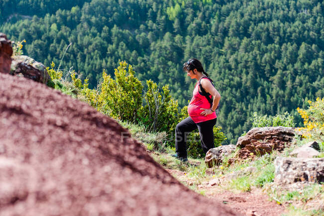 Side view of pregnant female traveler hiking in rocky terrain in highlands during summer vacation on sunny day - foto de stock