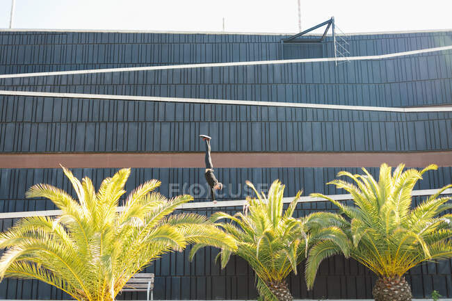 Вид сбоку определённый спортсмен в спортивной одежде, выступающий на ладони на креативной стене в солнечном спортивном комплексе — стоковое фото