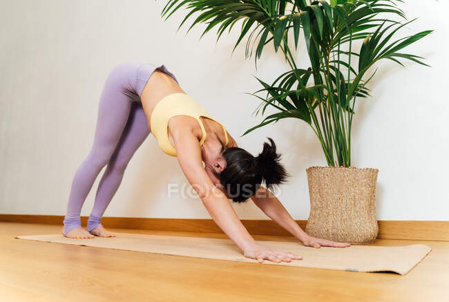 Side view full body of peaceful female supporting body with legs and arms for performing forward bend on tiptoes during meditation — Stock Photo