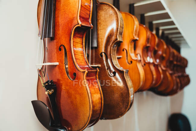 Collection de violons acoustiques modernes suspendus sur un support contre un mur blanc dans un studio musical contemporain léger — Photo de stock