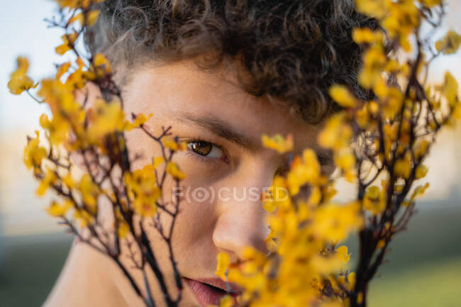 Recorte cara de cubierta masculina con ramitas de flores florecientes brillantes mientras mira a la cámara a la luz del día - foto de stock
