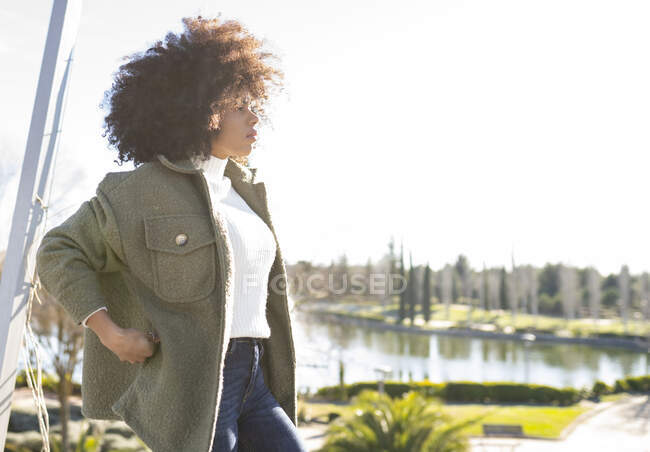 Cheerful young African American female with curly hair in stylish warm outfit smiling and looking at camera while resting in park at lakeside on sunny autumn day — Stock Photo