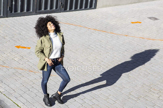 Desde arriba de la joven expresiva negro con peinado afro en ropa elegante de pie en la calle pavimentos y sonriendo en el día soleado - foto de stock