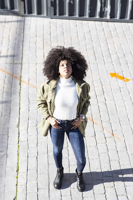 D'en haut de jeune femme noire expressive avec coiffure afro dans des vêtements élégants debout sur la rue pavés et souriant le jour ensoleillé — Photo de stock